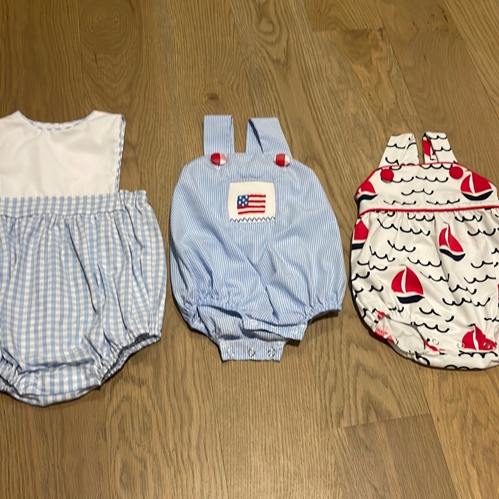 Gingham and sailor print bubbles in perfect condition! 3-6M.